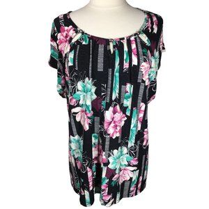 Women's Black Floral 3X Plus Blouse Top Plus Size Keyhole Neck Textured Rochelli